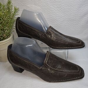Ara Dark Brown Leather Loafers Square Toe Small Block Heel Womens9.5